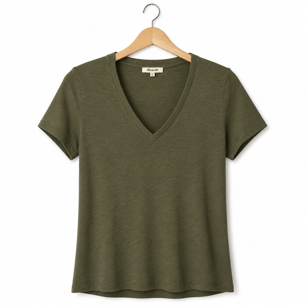 Madewell Easy Crop V-Neck Tee Womens XL Olive Green Slub 100% Pima Cotton NWT